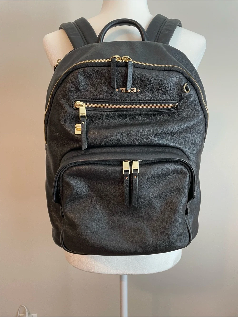 Tumi Black Leather Backpack with Goldtone Hardware